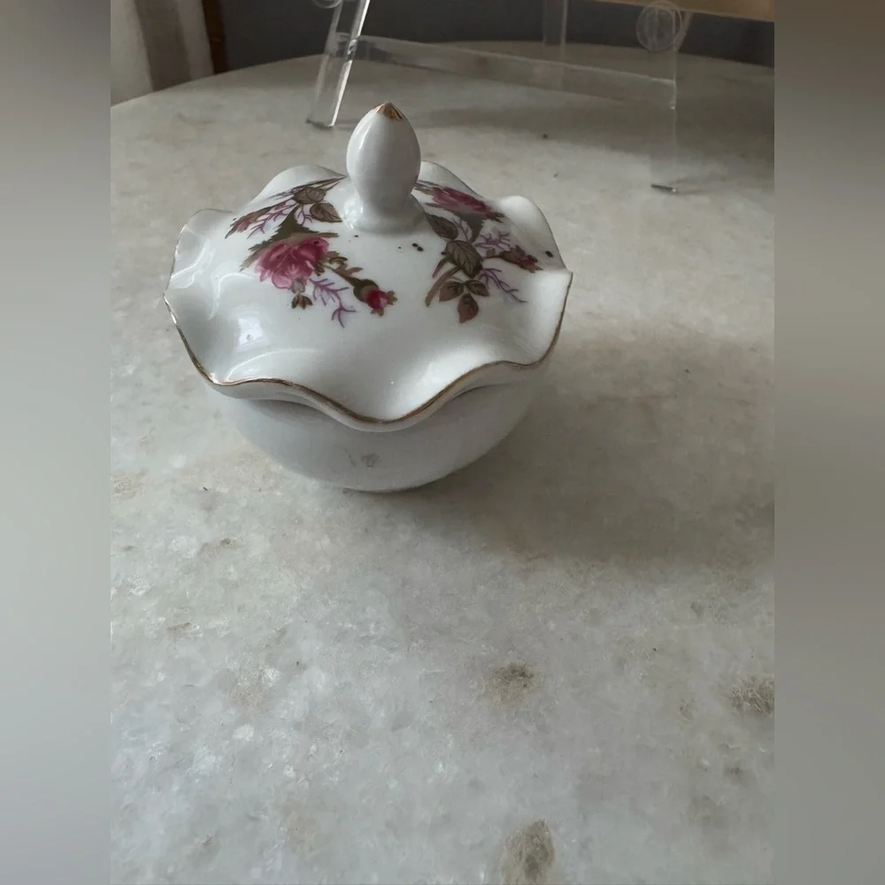 vintage porcelain vanity mirror and jar set